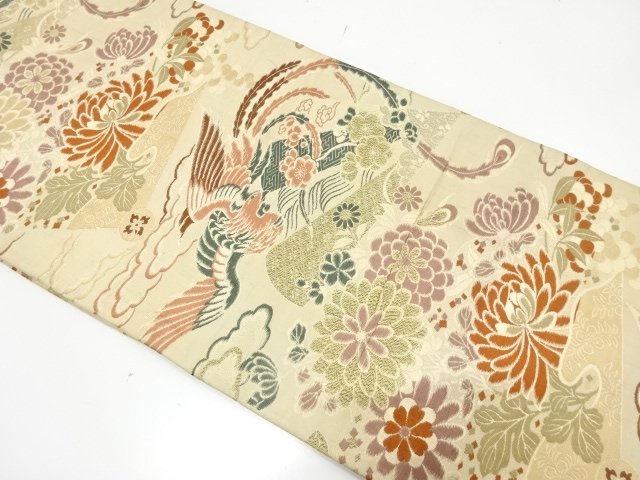 JAPANESE KIMONO / ANTIQUE MARU OBI / WOVEN FOLDING FAN & PHOENIX & KIKU